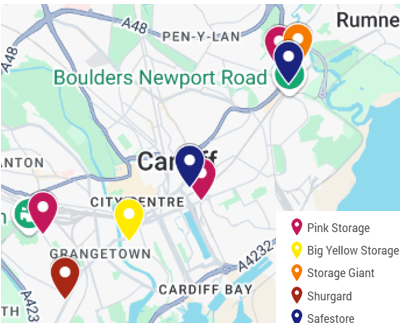 Map showing locations for best storage companies in Cardiff